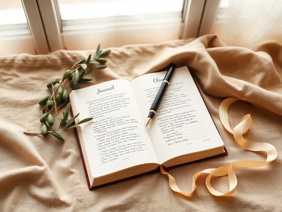 An open guided journal with a fountain pen and olive sprigs on linen