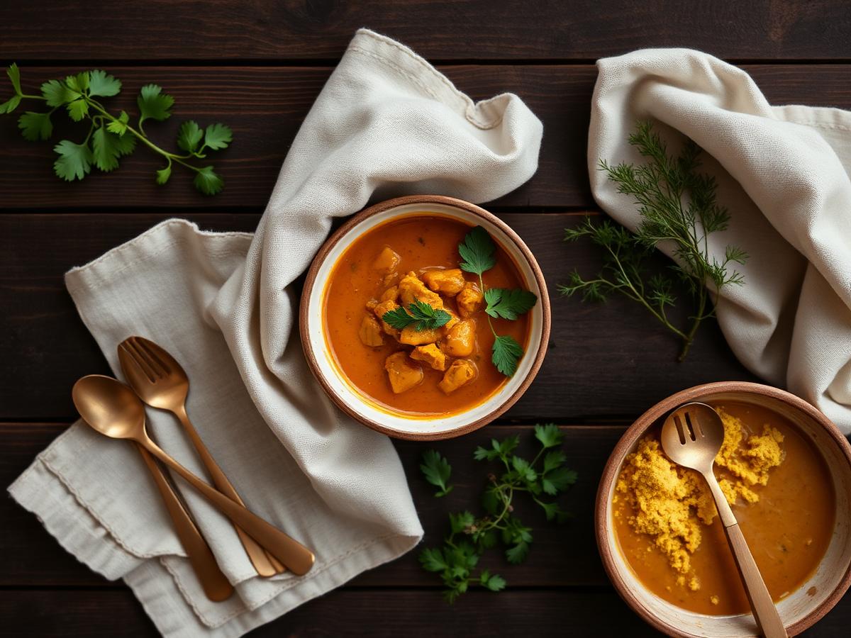 Overhead food styling scene with curry, herbs and brass spoons on dark wood