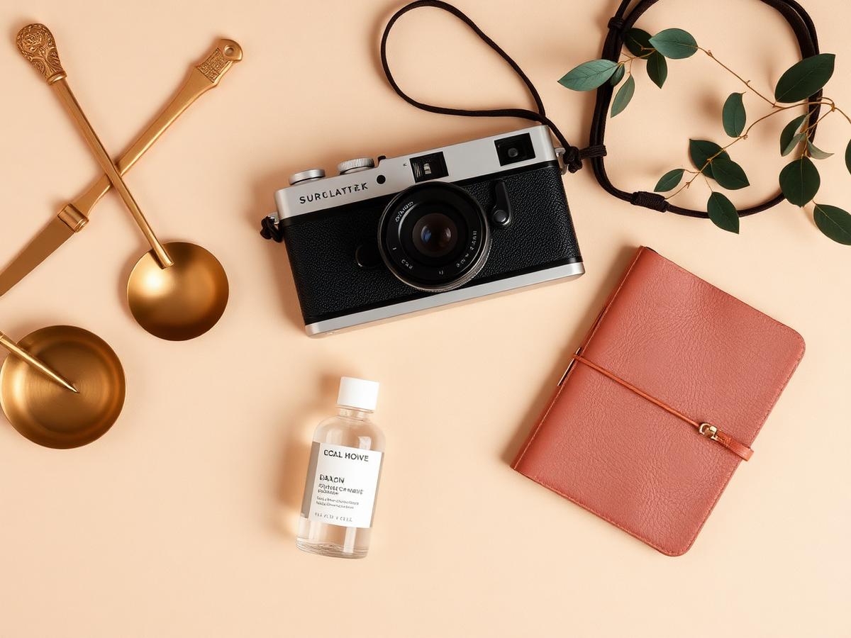 Flat lay of brass kitchen tools, a film camera, skincare bottles and a leather journal